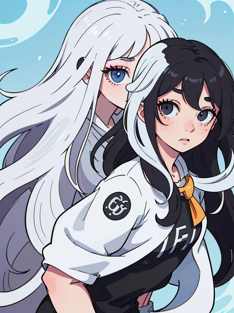 (best quality:0.8) perfect anime illustration, a pretty girl, with long black and wavy hair, freckles, pale skin, freckles e olhos azuis bem claros