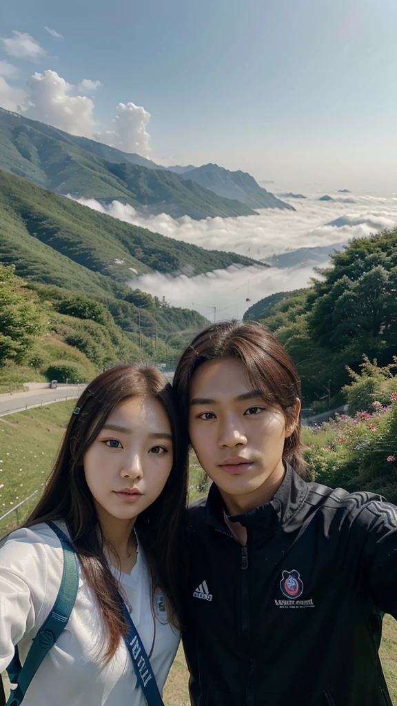 Lee Gahyeon from Korean k-pop group Dreamcatcher, taking a selfie with the South Korean soccer player Cho Guesung. She is blonde, he has dark hair. They are posing in front of a landscape. The landscape is the top of a mountain, with a bit of fog. It's an afternoon picture of their travel.