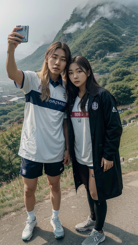 Lee Gahyeon from Korean k-pop group Dreamcatcher, taking a selfie with the South Korean soccer player Cho Guesung. She is blonde, he has dark hair. They are posing in front of a landscape. The landscape is the top of a mountain, with a bit of fog. It's an afternoon picture of their travel.