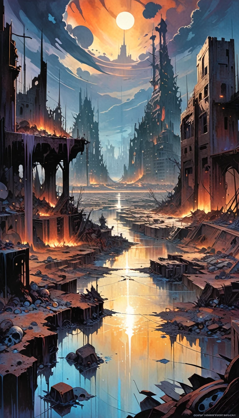 large landscape, dead world theme, polluted world, destroyed city, no vegetation, polluted water, dark world, spectacular otherworldly sky, (art inspired by Bill Sienkiewicz). oil painting)