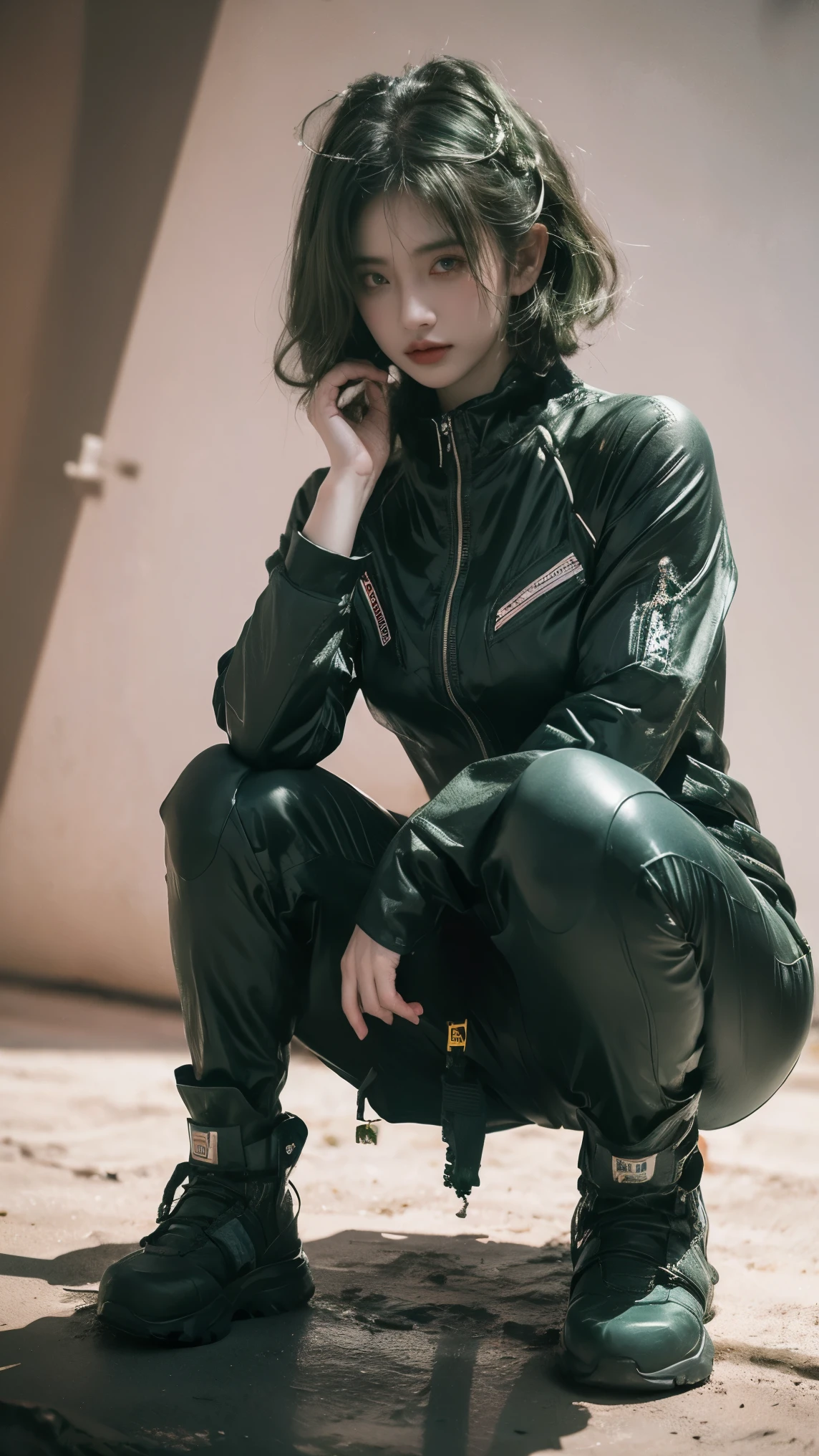 21yo girl,green hair,bob hair, (wearing astronout suit), (white astronout suit),(astronout suit),(shoes astronout),(boots), (squat pose),natural medium breast, plump body, (on mars), single sidelock hairpin blush modern cinematic lighting,ray tracing,drop shadow wide shot UHD,textured skin,high details,best quality 4K