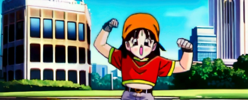 fountain_cheered up,score_9,score_8_above,score_7_above,cheered up screencap,
pain,1 girl,Alone,hits,angry,Grass,black fur,outdoor,City,clavicle,blunt hits,black eyes,eyelashes,in front of the viewer,bandana,retro artStyle,1990s \(Style\),orange hats,arched eyebrows,short hair,tube top,dolphin shorts,