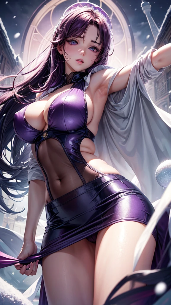 1female, 40 years old, Party Woman, MILF, busty, very big tits, solo, (Background with: river bank, tulip garden) standing on your feet, She has short purple hair, seen from the front, , Clear sky, ( (tmaspiece), (Highly detailed CG unity 8K Wallpaper), best quality, cinmatic lighting,
detailed background, beautiful eye details, Bright pupils, purple eyes, snow-white skin, pink lips (Very delicate and beautiful), (Beautiful and detailed eye description), very detailed, tmaspiece, )) facing the camera, High resolution, very detailed ), exposed breasts, with genitals forming in her skirt, Bulge, sexy open legs, Desire of dissatisfaction, the front, Navy, a teacher , (Wearing see-through, seductive transparent Teacher Uniform)