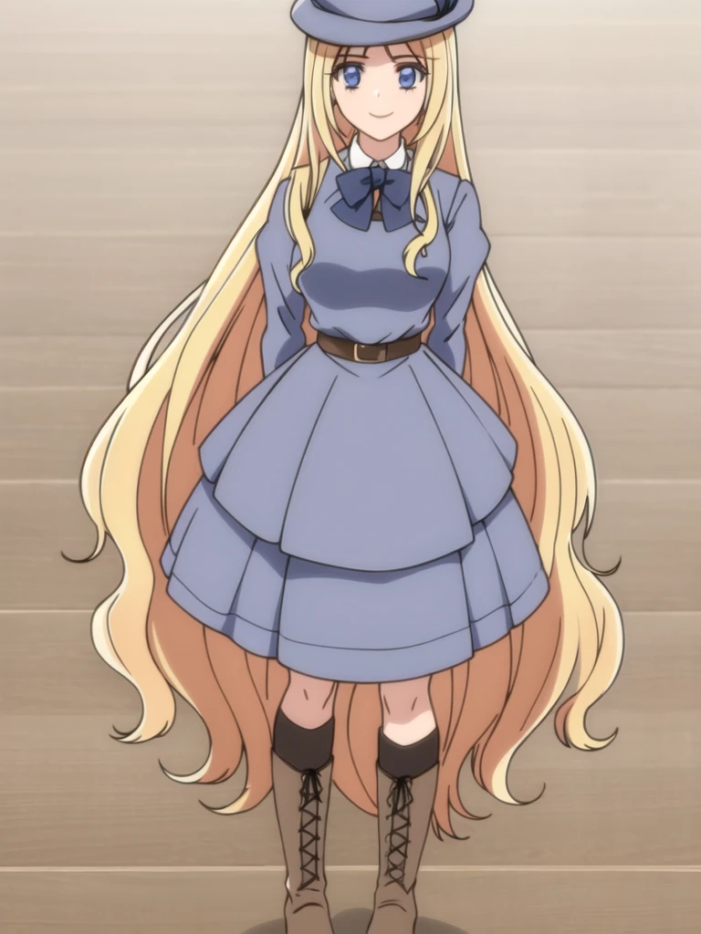((Best quality))), ((Ultra-detailed)), ((illustration)), ((Disheveled hair)), ((frilld)), (1 girl), (Solo),1girl, hat, looking_at_viewer, solo, rating:safe, arms_behind_back, black_bow, black_bowtie, black_neckwear, blonde_hair, blue_eyes, boots, bow, bowtie, brown_footwear, clothing, contrapposto, cross-laced_footwear, dress, female, footwear, fur_hat, hat_ornament, headwear, knee_boots, layered_dress, long_hair, makaria, school_uniform, smile, standing, uniform, white_hat, white_headwear