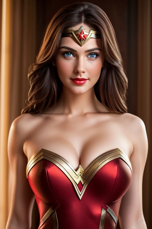 hermosa wonderwoman, Attracting the viewer , loose brown hair, shy smile, neckline, tight red dress, symmetrical, hourglass figure, extremely beautiful woman, greek goddess, seductive, Blue eyes, Delicious red lips, White skin, Very detailed face, looking at the viewer, 8k powerful magic