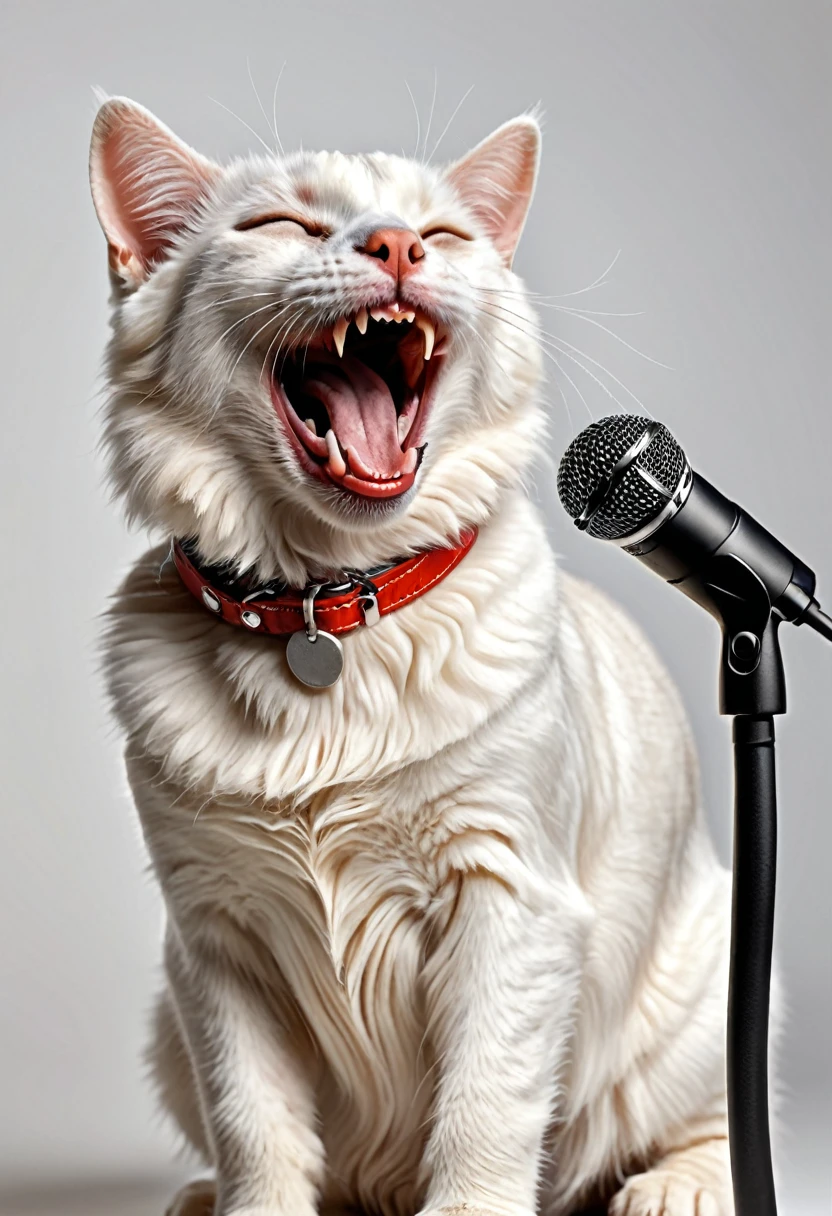 amazing quality, ultra detailed, super realistic, cat and dog rock , happy cat, cute cat, white cat, kind and cutty cat, happy dog, cute dog, cat and dog sing a duet together, concert, smile, singing, extremely detailed, there is a cat that is singing song with dog, happy dog, a cat is smiling, smiling cat, happy with his mouth open, funny cat, soft lulling tongue, cat photo, dog photo, laughing and yelling, cute cat and dog photo, with mouth open, cat, dog, smileeeeeee, photo of a cat, white background, music playing, cat singing with microphone, mouse open, realistic cat. eyes closed in pleasure, red collar. make teeth natural looking and detailed. shiny red collar. Realistic super detailed teeth, pleasure and fun