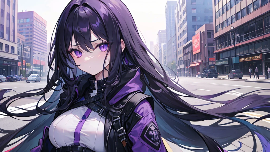 1girl, black long hair, a lot of hair, purple eyes, detailed eyes, emotionless face, wearing coat, urban ruins, absurdres, high res, ultrasharp, 8K, masterpiece, purple aura, close-up