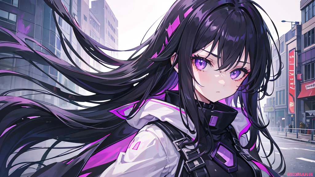 1girl, black long hair, a lot of hair, purple eyes, detailed eyes, emotionless face, wearing coat, urban ruins, absurdres, high res, ultrasharp, 8K, masterpiece, purple aura, close-up