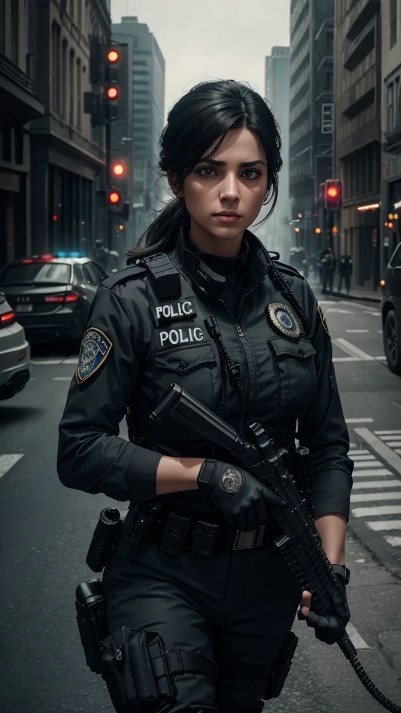 a female police officer, dark gray uniform, patrolling the streets with her german shepherd dog, hyperrealistic, highly detailed, octane render, cinematic lighting, dramatic pose, beautiful detailed eyes, beautiful detailed lips, extremely detailed face, long eyelashes, muscular body, serious expression, tactical gear, city background, gritty urban environment, cinematic camera angle, dramatic shadows, moody colors, muted tones, photorealistic, 8k, best quality