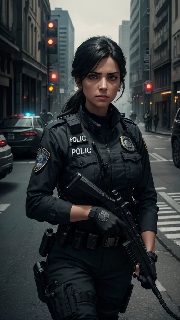 a female police officer, dark gray uniform, patrolling the streets with her german shepherd dog, hyperrealistic, highly detailed, octane render, cinematic lighting, dramatic pose, beautiful detailed eyes, beautiful detailed lips, extremely detailed face, long eyelashes, muscular body, serious expression, tactical gear, city background, gritty urban environment, cinematic camera angle, dramatic shadows, moody colors, muted tones, photorealistic, 8k, best quality