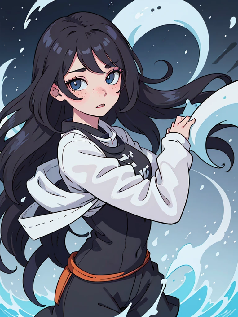 (best quality:0.8) perfect anime illustration, a pretty girl, with long black and wavy hair, freckles, pale skin, freckles e olhos azuis bem claros