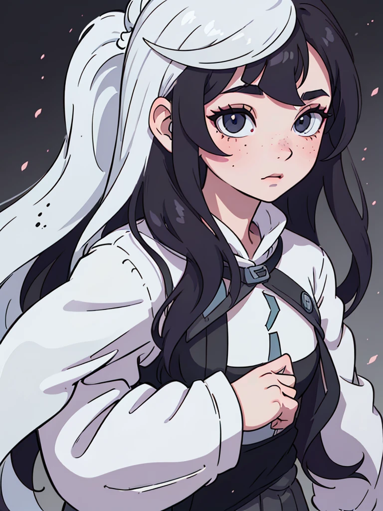 (best quality:0.8) perfect anime illustration, a pretty girl, with long black and wavy hair, freckles, pale skin, freckles e olhos azuis bem claros