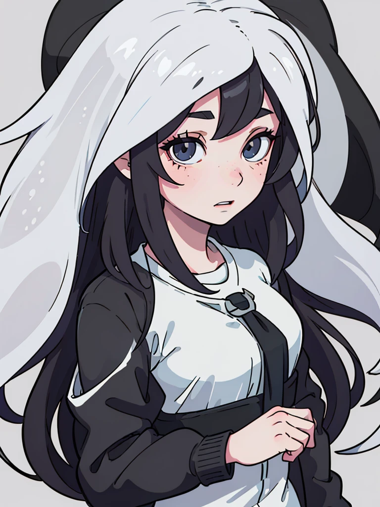 (best quality:0.8) perfect anime illustration, a pretty girl, with long black and wavy hair, freckles, pale skin, freckles e olhos azuis bem claros