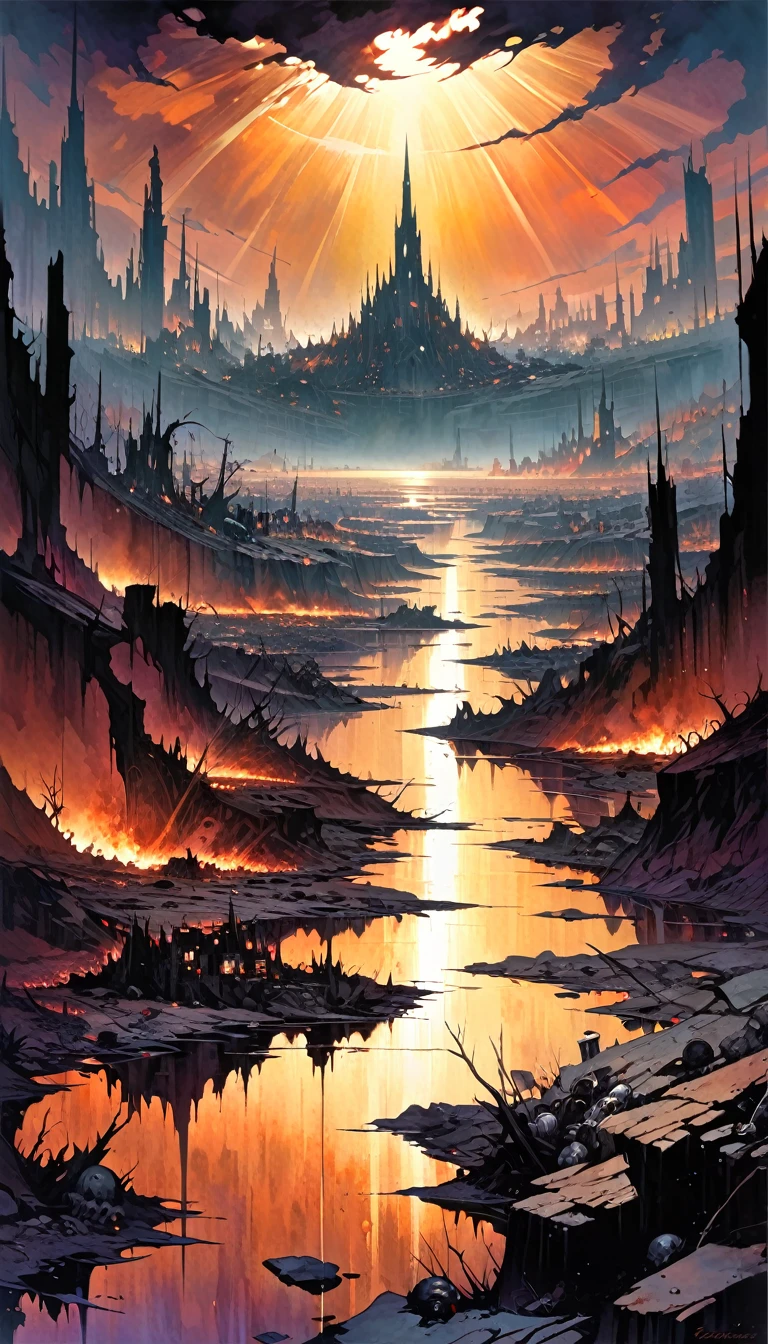 large landscape, dead world theme, polluted world, destroyed city, no vegetation, polluted water, dark world, spectacular otherworldly sky, (art inspired by Bill Sienkiewicz). oil painting)