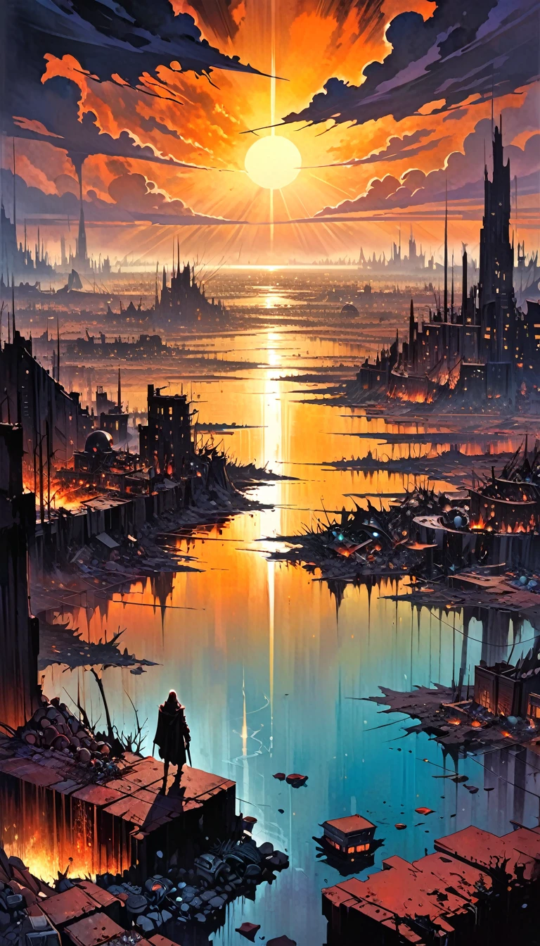 large landscape, dead world theme, polluted world, destroyed city, no vegetation, polluted water, dark world, spectacular otherworldly sky, (art inspired by Bill Sienkiewicz). oil painting)
