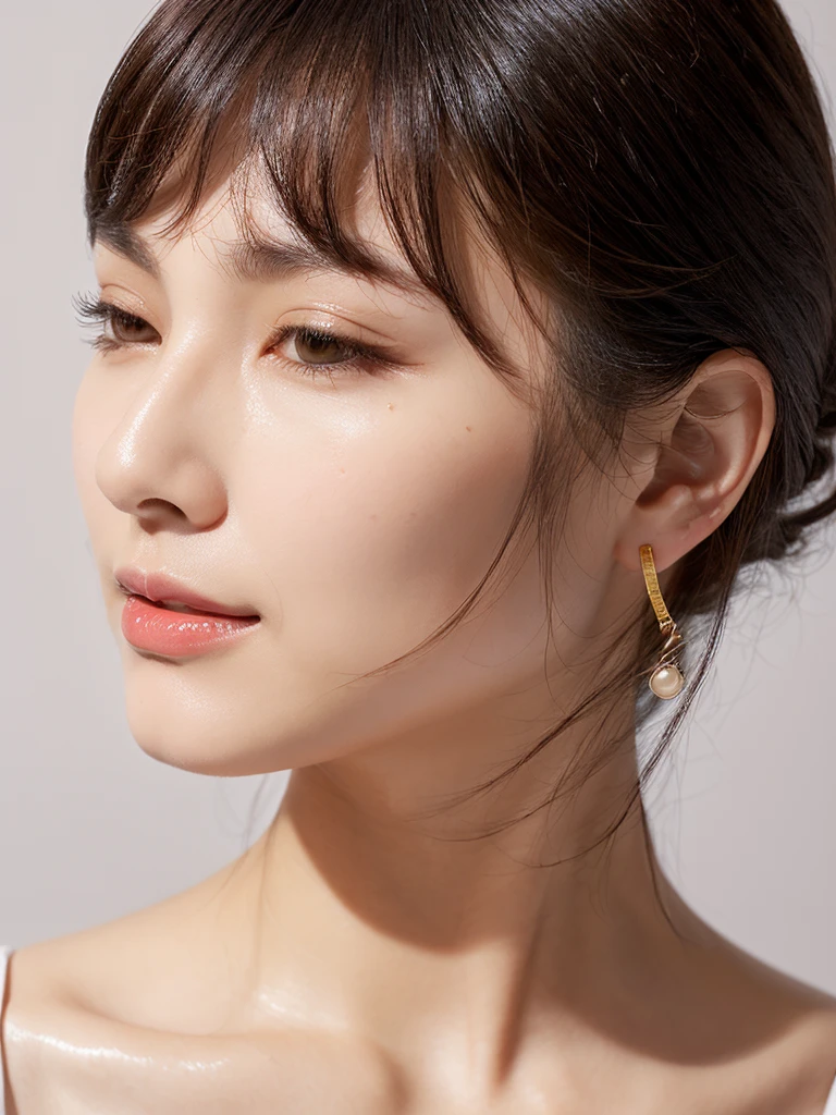 (masterpiece, Highest quality, High resolution)), 1 female, (Realistic: 1.4), alone, White Background, whole body,Mouth closed, Smile, Beautiful black hair, Short Bob, Slit eyes, Transparent double eyelids, eyelash, Listen carefully, Absolute area, ((Face close-up)), (Draw the whole head, shoulder), 50 years old, Attractive proportions, Shiny skin, Beautiful collarbone, A face of golden proportions, Perfect Face, Teardrop-shaped moles, Mole on chest, bangs, clean bangs, beautiful bangs, Deep red lipstick, Thin lips, Pale skin, Small face, All the heads are painted, shoulder all drawn, Look slightly up and into the camera,Wearing earrings