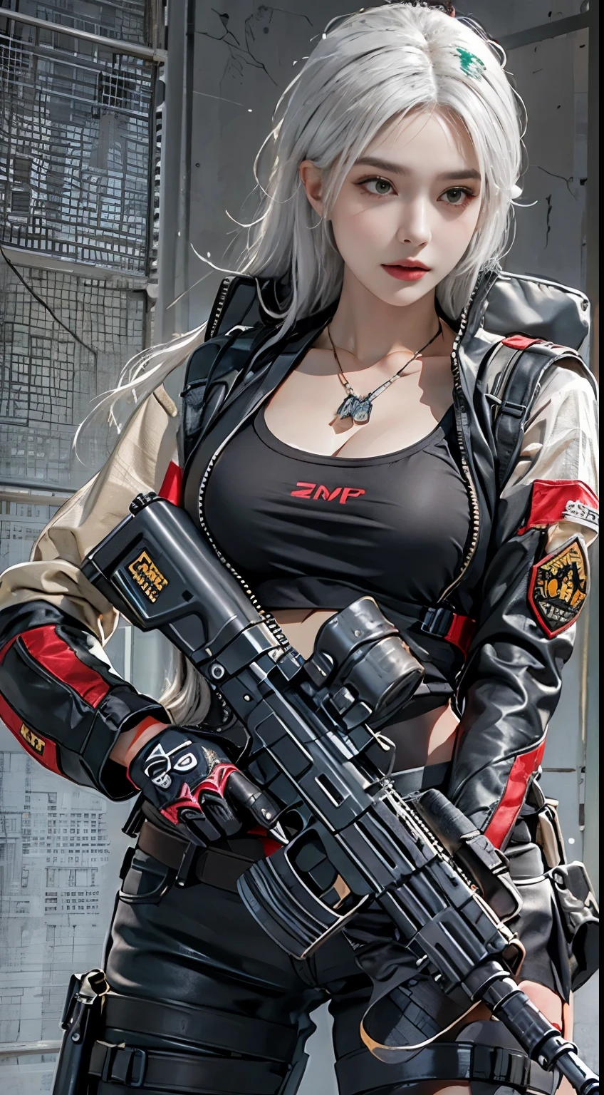 Photorealistic, high resolution, 1womanl, Solo, Hips up, view the viewer, (Detailed face), White hair, SWAT vests, Gun, jewelry, blood splashed
