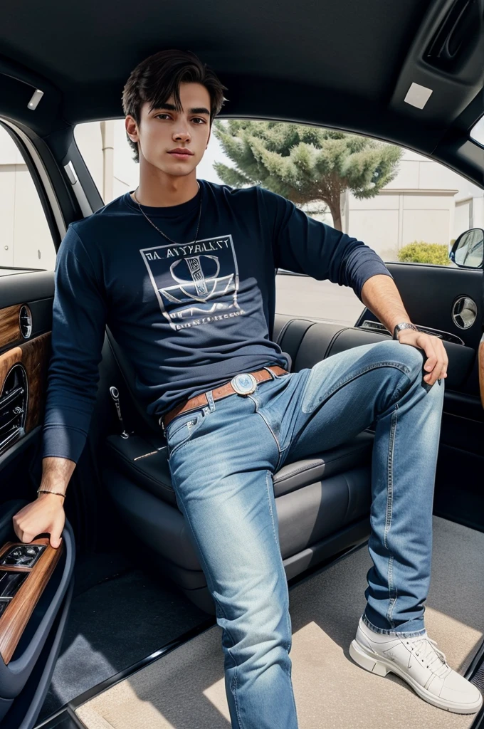 A 22 year smart boy sitting on a rolls royce car, he wore jeans and tshirt. 