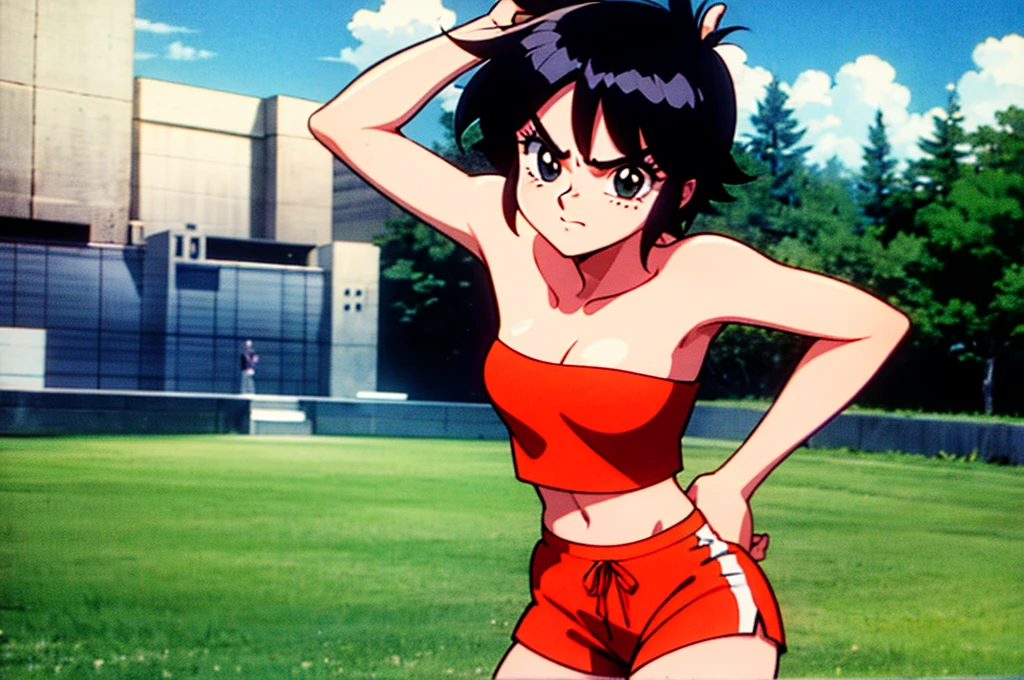fountain_cheered up,score_9,score_8_above,score_7_above,cheered up screencap,
pain,1 girl,Alone,hits,angry,Grass,black fur,outdoor,City,clavicle,blunt hits,black eyes,eyelashes,in front of the viewer,bandana,retro artStyle,1990s \(Style\),orange hats,arched eyebrows,short hair,tube top,dolphin shorts,
