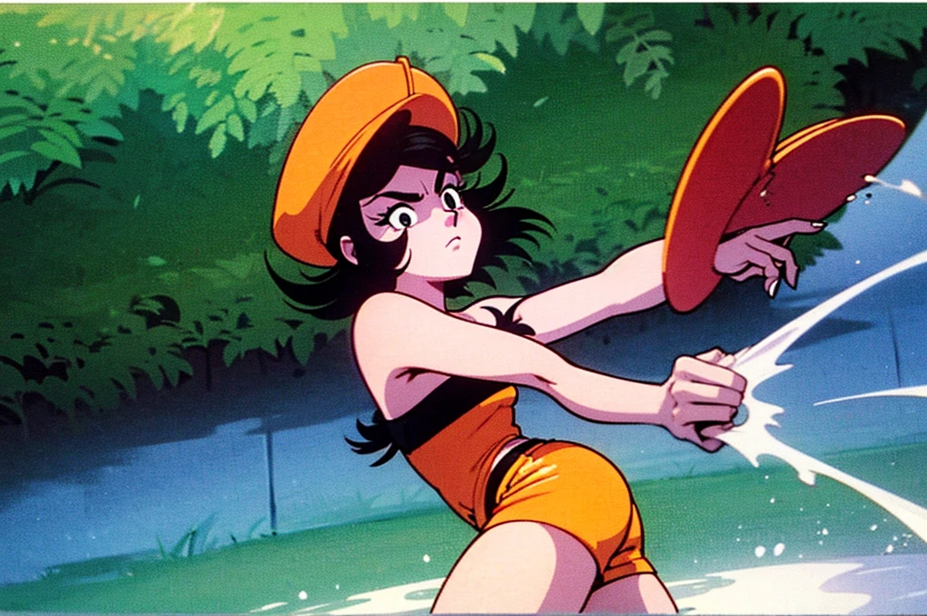 fountain_cheered up,score_9,score_8_above,score_7_above,cheered up screencap,
pain,1 girl,Alone,hits,angry,Grass,black fur,outdoor,City,clavicle,blunt hits,black eyes,eyelashes,in front of the viewer,bandana,retro artStyle,1990s \(Style\),orange hats,arched eyebrows,short hair,tube top,dolphin shorts,