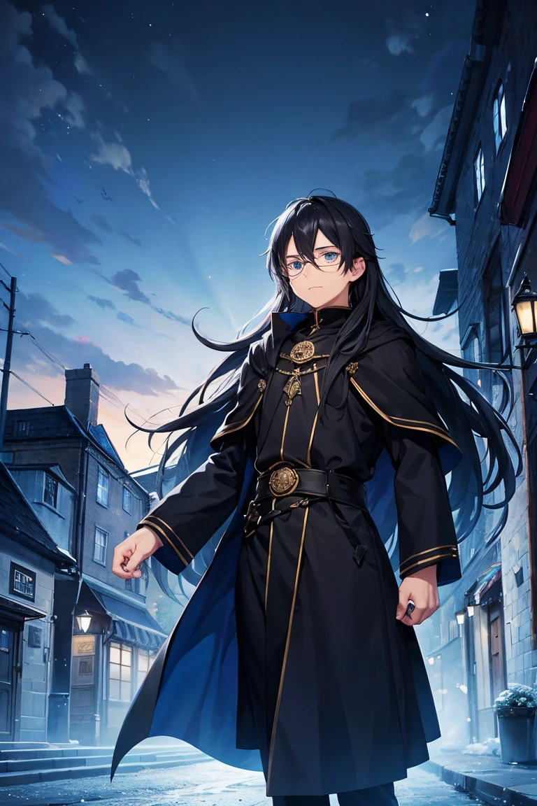A man wearing glasses, black long-haired wizard, dark blue eyes, black with blue wizard clothes, young magician, intellectual, cold personality, medieval city background in blue night