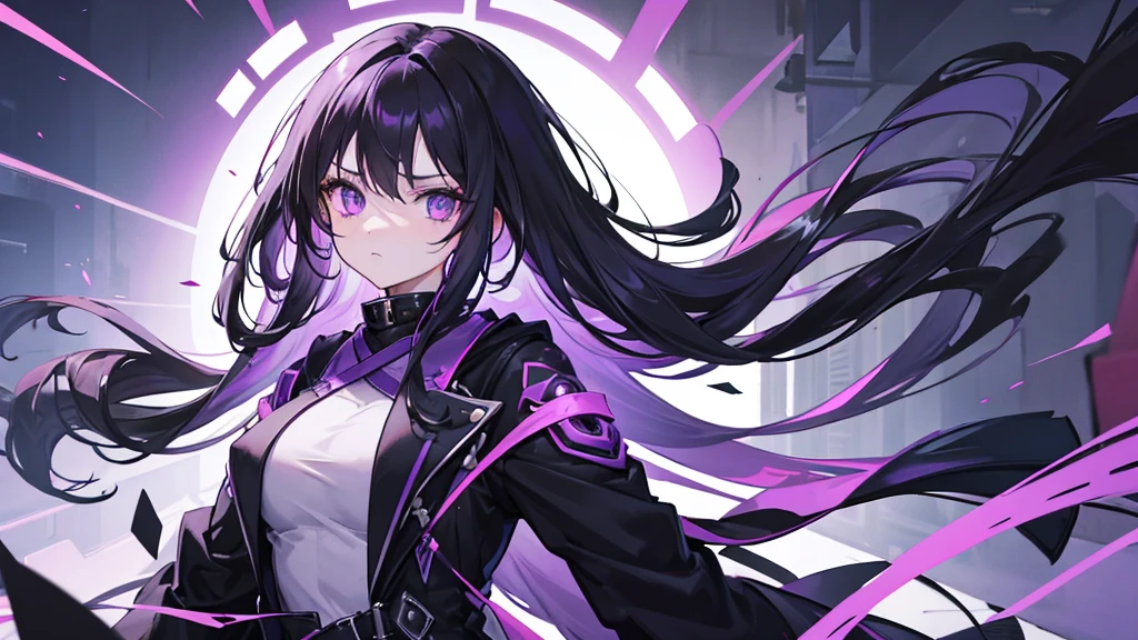 1girl, black long hair, a lot of hair, purple eyes, detailed eyes, emotionless face, wearing coat, urban ruins, absurdres, high res, ultrasharp, 8K, masterpiece, purple aura, portrait