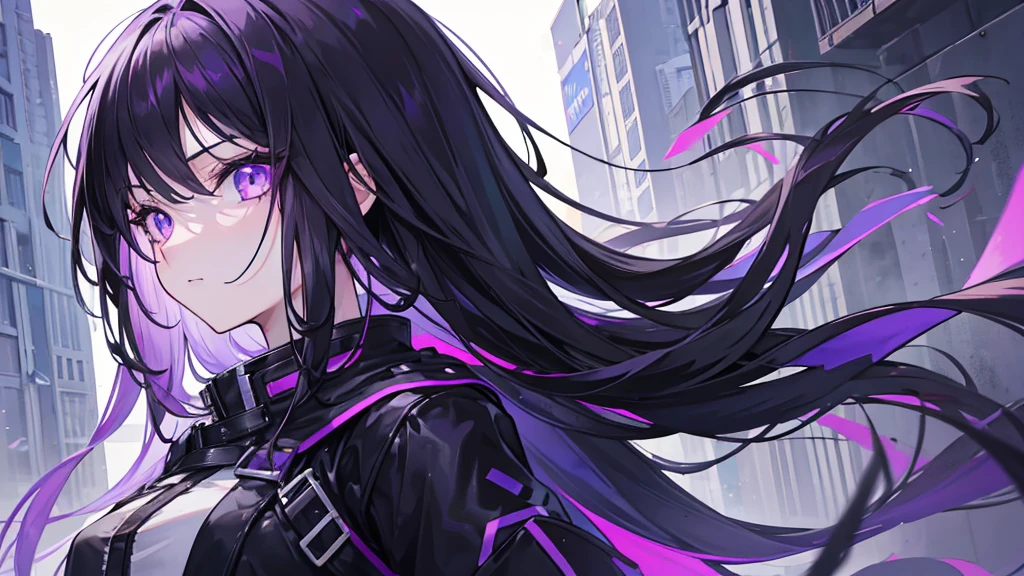 1girl, black long hair, a lot of hair, purple eyes, detailed eyes, emotionless face, wearing coat, urban ruins, absurdres, high res, ultrasharp, 8K, masterpiece, purple aura, portrait