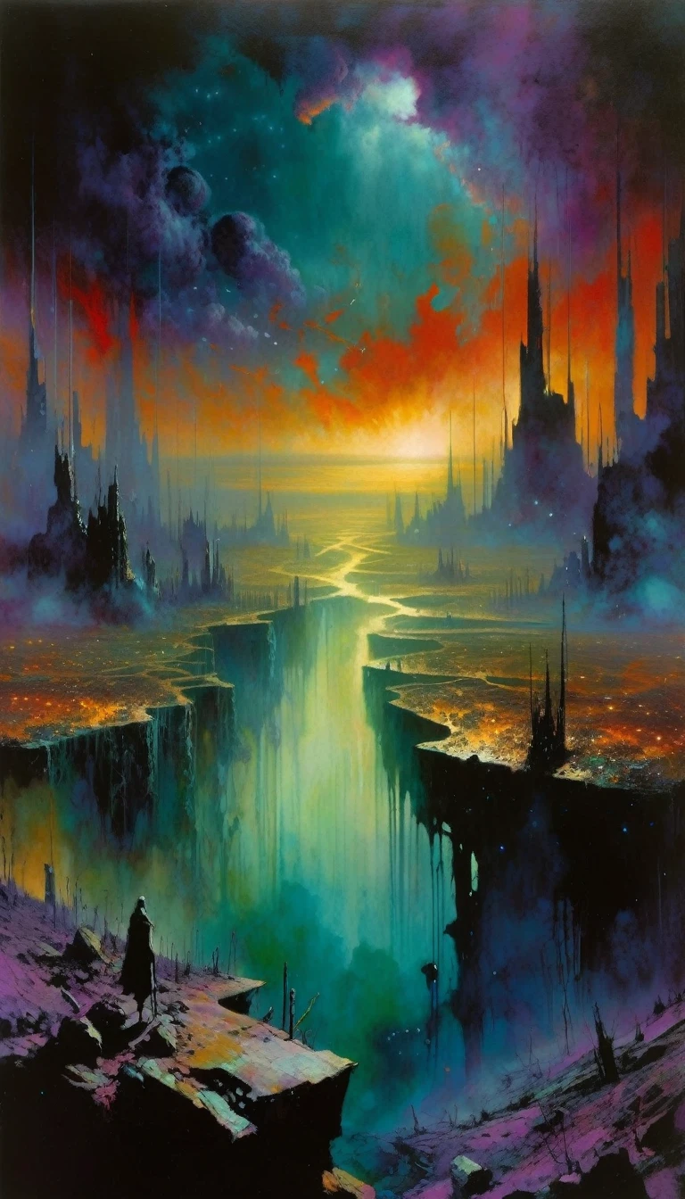 large landscape, dead world theme, polluted world, destroyed city, no vegetation, polluted water, dark world, spectacular otherworldly sky, (art inspired by Bill Sienkiewicz). oil painting)