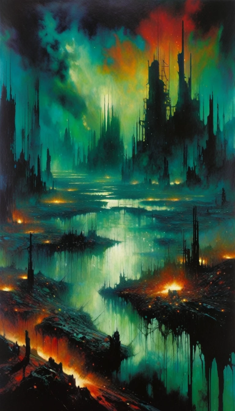large landscape, dead world theme, polluted world, destroyed city, no vegetation, polluted water, dark world, spectacular otherworldly sky, (art inspired by Bill Sienkiewicz). oil painting)