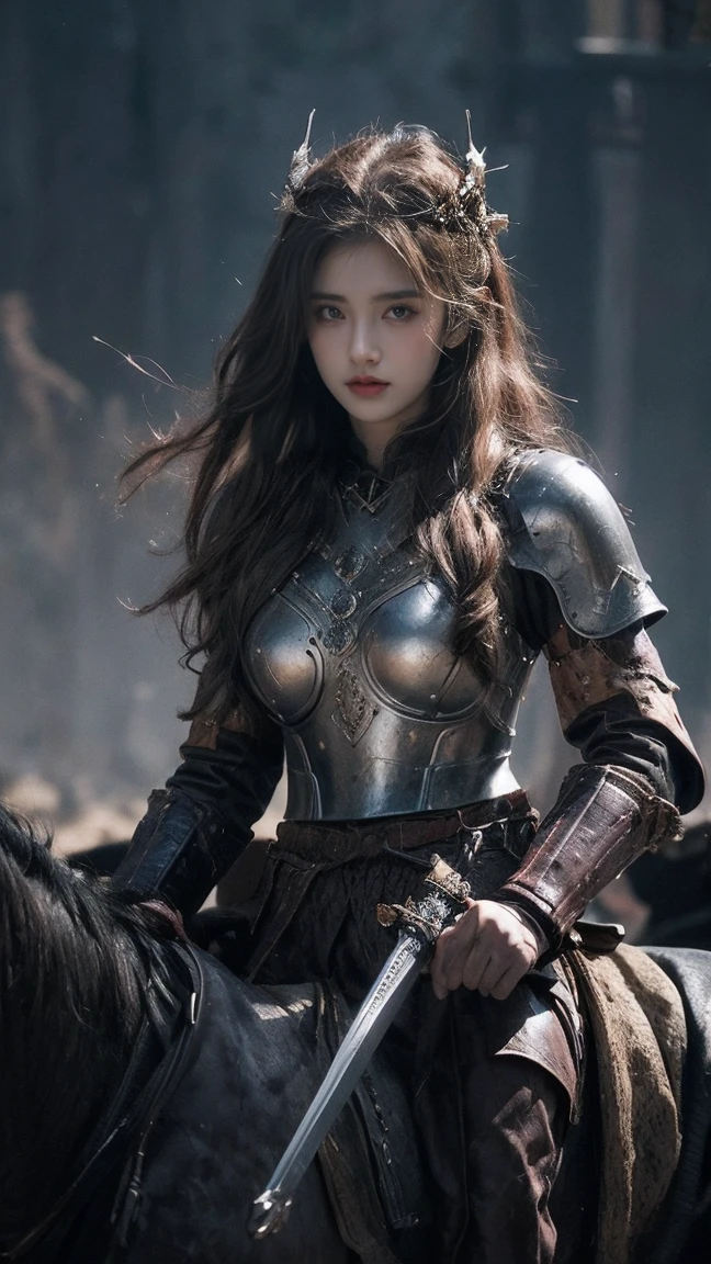 21yo girl,(wearing iron suit),(viking suit),(wearing viking suit),(sword),(hold sword), (holding sword), (knight),(riding a horse),(with caravan),natural big breast, plump body,single sidelock hairpin blush modern cinematic lighting,ray tracing,drop shadow wide shot UHD,textured skin,high details,best quality 4K