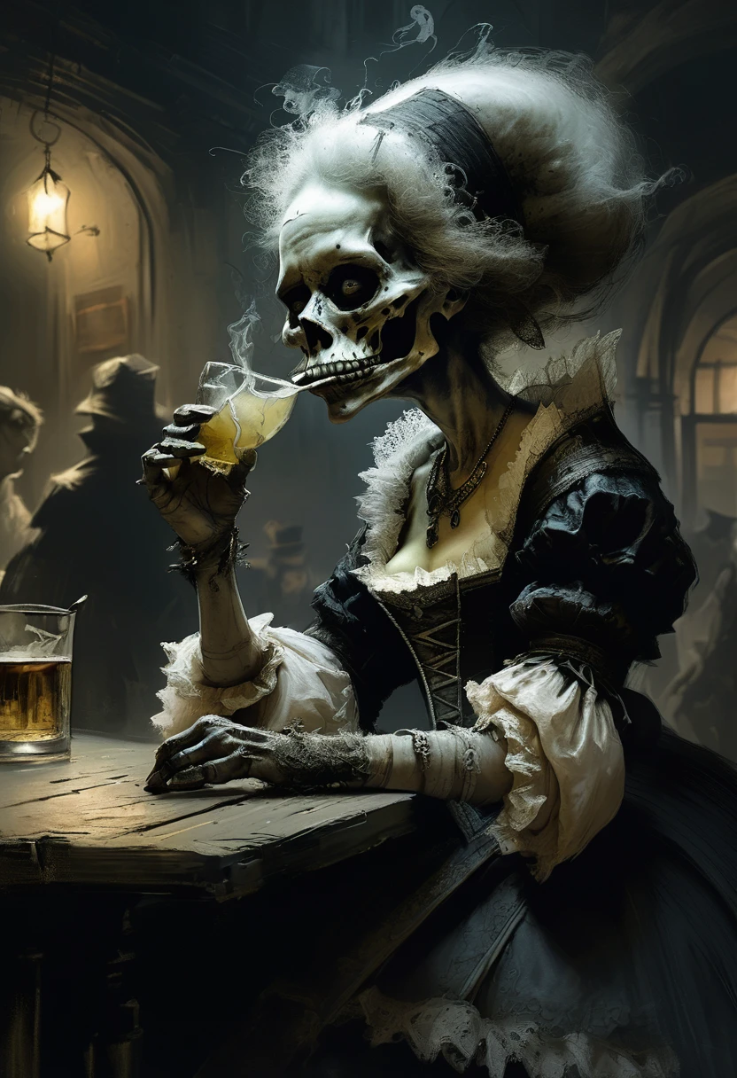 drunk girl burps near the bar, Rembrandt style. Ashley Wood, Stephen Gammell, chemiluminescence. fairytale background) (minimalism: 1), high detail, Greg Rutkowski.
