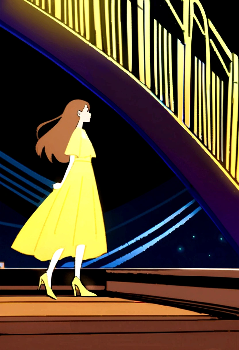 A beautiful young tall fair girl with long brown hairs wearing light yellow shimmer gown holding a brown bag wearing yellow beautiful high heels she standing on a bridge and see the sea in a night there were huge buildings on the sea side side view of bridge looking so tall animated realistic drawing