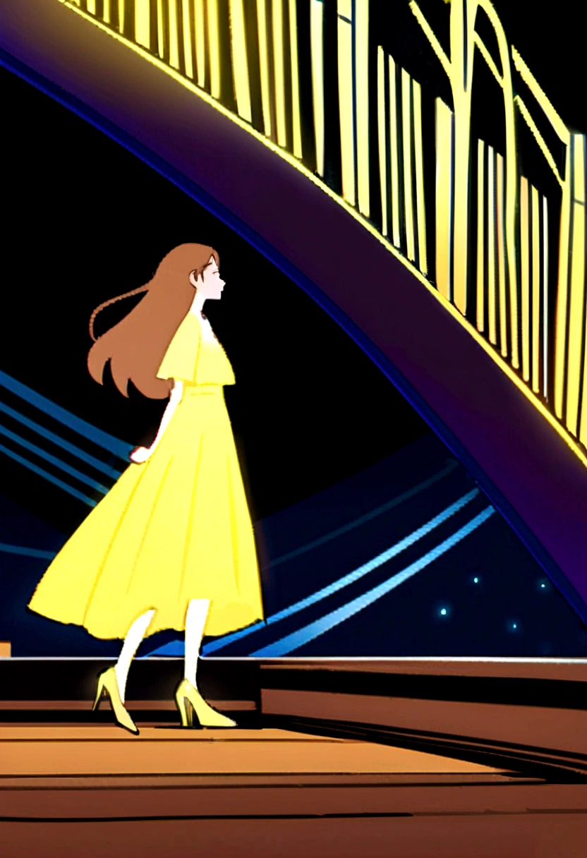 A beautiful young tall fair girl with long brown hairs wearing light yellow shimmer gown holding a brown bag wearing yellow beautiful high heels she standing on a bridge and see the sea in a night there were huge buildings on the sea side side view of bridge looking so tall animated realistic drawing