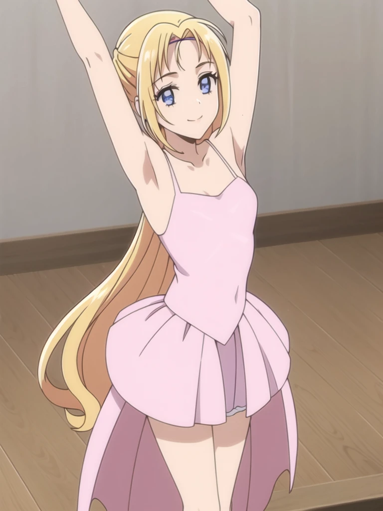 ((Best quality))),((Ultra-detailed)),((illustration)),((Disheveled hair)),((frilld)),(1 girl),(Solo),1girl,solo,rating:safe,armband,armpits,arms_up,ballerina,ballet,ballet_slippers,bare_arms,bare_shoulders,black_dress,black_footwear,blue_eyes,blue_ribbon,breasts,circle_skirt,cleavage,clothing,crossed_legs,crown,dress,pointe,female,garter,hair_bun,hair_rings,headwear,legs,looking_at_viewer,makaria,plantar_flexion,ribbon,see-through,short_hair,single_hair_bun,small_breasts,smile,standing_on_one_leg,standing,tiara,tied_hair,