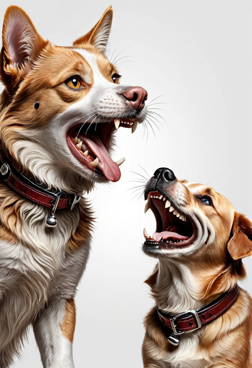 cat and dog singing duet together, amazing quality, ultra detailed, super realistic, Realistic super detailed teeth, pleasure and fun, white background, happy and fun,