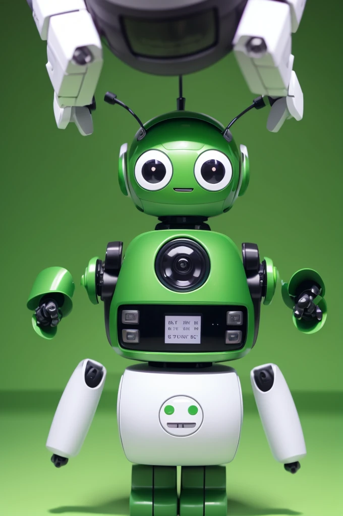 createcum video devum little robot dancing happily, green background