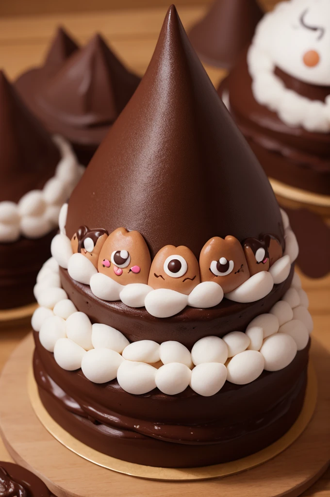 Create a character shaped like a chocolate volcano cake with nose eyes ,gura ,Arms and hands,hair and super cute