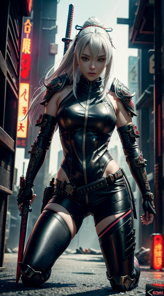 Hyperrealistic version of a woman kneeling down with a sword in her hand, very beautiful cyberpunk samurai, anime cyberpunk art, cyberpunk samurai, cyberpunk anime art, anime cyberpunk, cgsociety 9, digital cyberpunk anime art, style of maciej kuciara.1girl, samurai armor, helmet oni evil mask,intricate, ornaments detailed, cold colors, metal, egypician detail, highly intricate details, realistic light, trending on cgsociety, glowing eyes, facing camera, neon details, ultra realistic details, portrait full body, japanese atmosphere, global illumination, shadows, octane render, 8k, ultra sharp.cool ta.