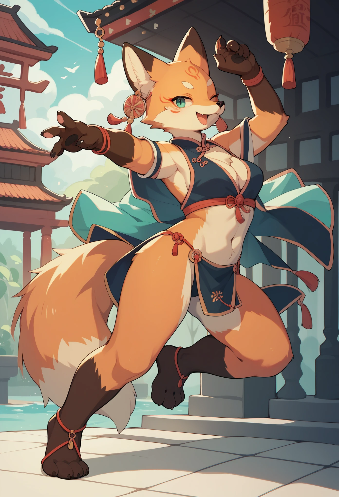 top quality, ancient Chinese beauty, absurdres, perfect anatomy, kemono, solo focus, furry anthro, fox facial features, fox body features, very detailed body fur, full body, dancing pose,