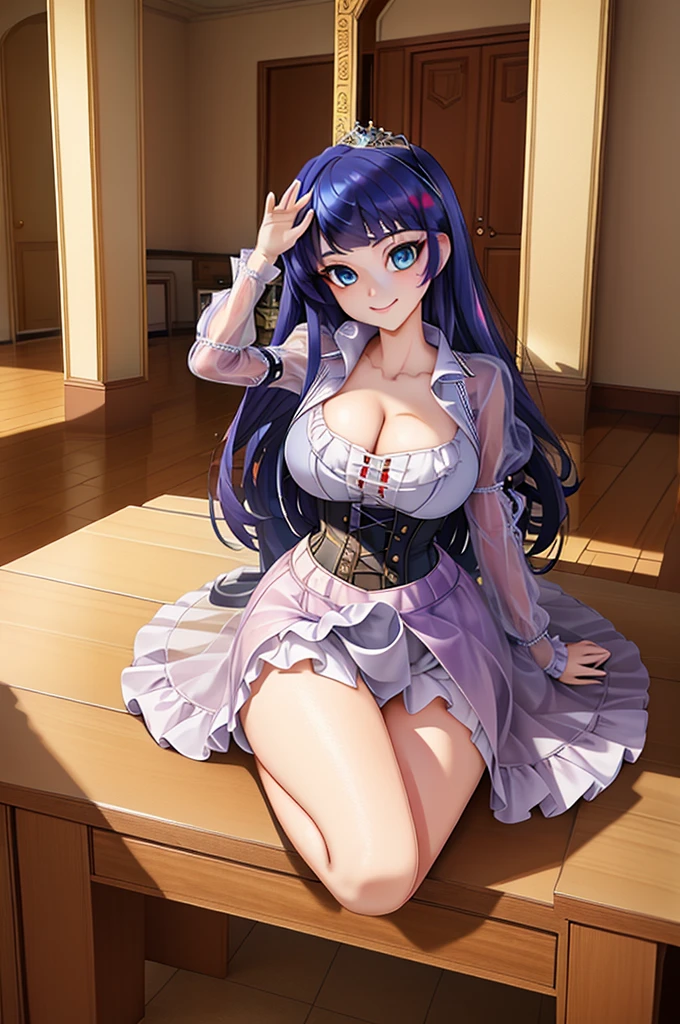 (8k, RAW photo, best quality, masterpiece:1.2), (intricate details), perfect eyes, perfect face, perfect lighting, beautiful, (masterpiece:1.2), (best quality:1.2), 1girl, solo, Marinette, blue hair, ((long loosen hair)), adult torso, , slight smile, huge sized breasts, (princess dress with corset), cowboy shot, 3DMM, seated, front view