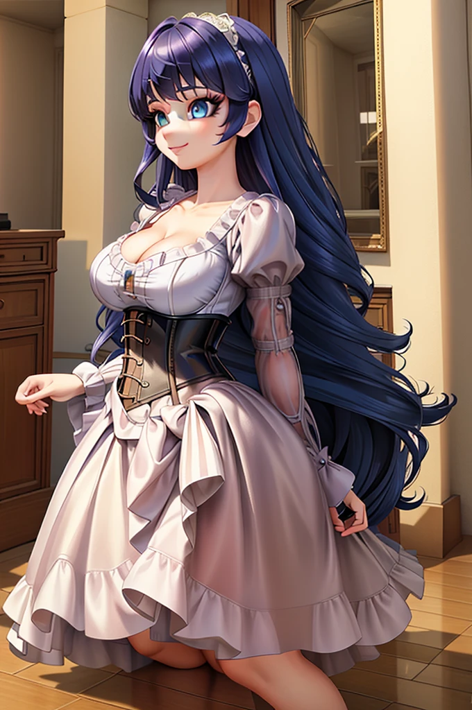 (8k, RAW photo, best quality, masterpiece:1.2), (intricate details), perfect eyes, perfect face, perfect lighting, beautiful, (masterpiece:1.2), (best quality:1.2), 1girl, solo, Marinette, blue hair, ((long loosen hair)), adult torso, ************, slight smile, huge sized breasts, (princess dress with corset), cowboy shot, 3DMM, seated, front view