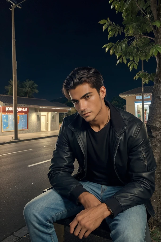 ((best quality)), ((masterpiece)), (detailed), perfect face,The image will be as it is taken from upper angle in night and where the image contains a young man sitting on abemch which is located beside a road and there is a light pole right behind the bench and the man was looking at the tree which is straight opposite to the road and the leaves of the tree was shredded