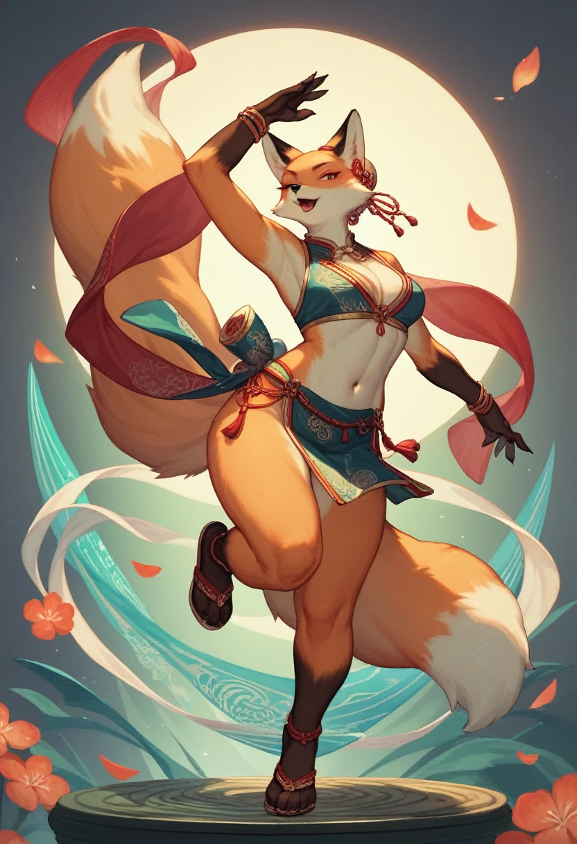 top quality, ancient Chinese beauty, absurdres, perfect anatomy, kemono, solo focus, furry anthro, fox facial features, fox body features, very detailed body fur, full body, dancing pose,
