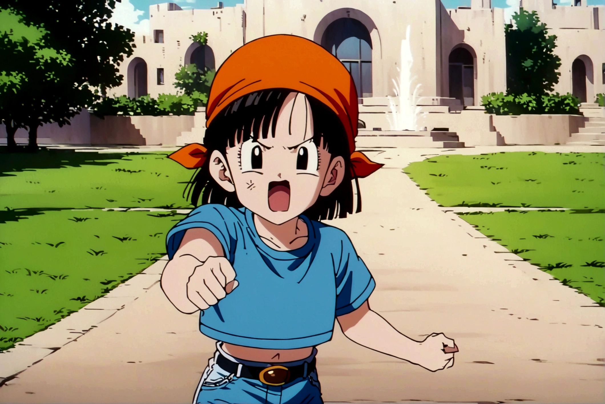 fountain_cheered up,score_9,score_8_above,score_7_above,cheered up screencap,
pain,1 girl,Alone,hits,angry,Grass,black fur,outdoor,City,clavicle,blunt hits,black eyes,eyelashes,in front of the viewer,bandana,retro artStyle,1990s \(Style\),orange hats,arched eyebrows,short hair,tube top,dolphin shorts,
