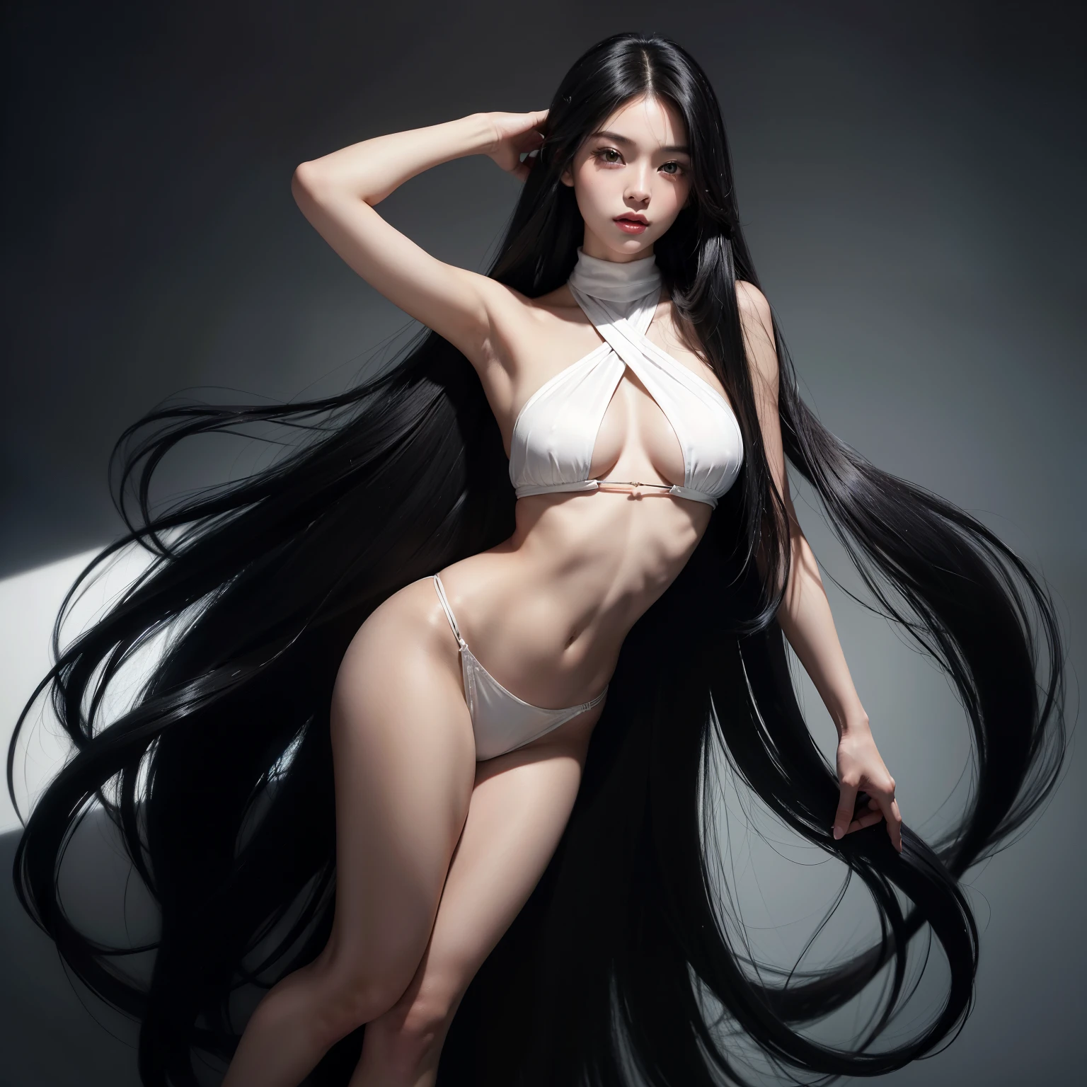 (Best image quality、Highest quality、Highest Resolution、Ultra-realistic photos、Full body photo、masterpiece、16ｋ、）One girl。Amazingly long black hair is super beautiful、hair length about 5 meters。White underwear or naked。I&#39;ve been growing my hair ever since I was born.、My long hair is my greatest pride。Many people compliment me on the length, volume, and lustrous beauty of my hair.、I&#39;ve been working hard to take care of my long hair every day.。Recently、A lot of people want my long hair.、I&#39;m thinking of cutting my long hair short and giving it away.。but、It takes a lot of courage to cut long hair short.。