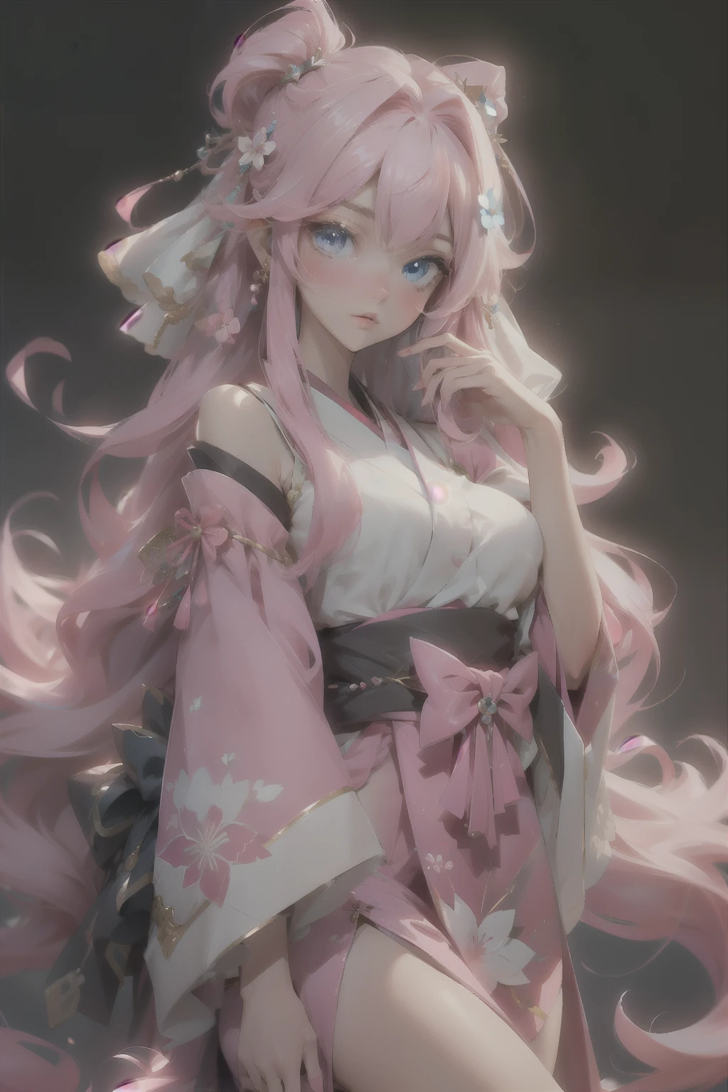 masterpiece, best quality,lacus-bk, 1girl, solo, long hair, pink hair, very long hair, blue eyes, hair ornament, japanese clothes, detached sleeves