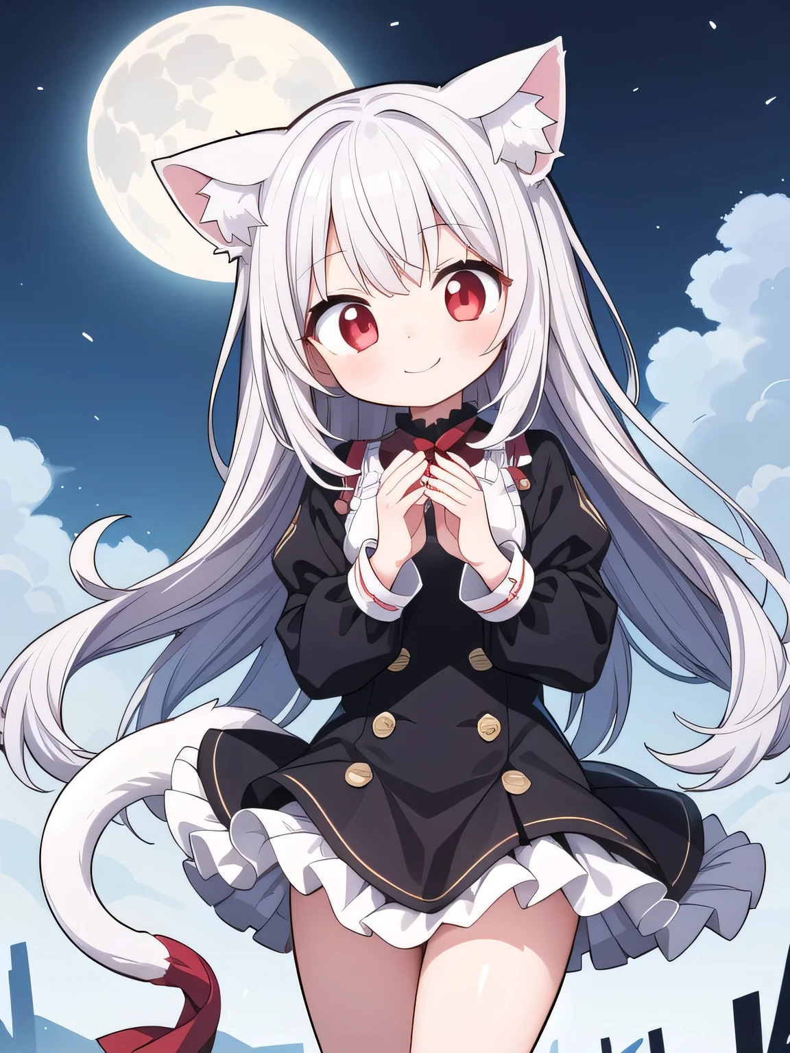 masterpiece, ultra-highres, ultra-detailed, best quality, BREAK 1girl, solo, nice hands, perfect hands BREAK Chibi character, nekomata, around 10 years old, red eyes, mischievous smile, long silver hair, white one piece dress, red ribbon, one fluffy tail, full moon, fantastic,