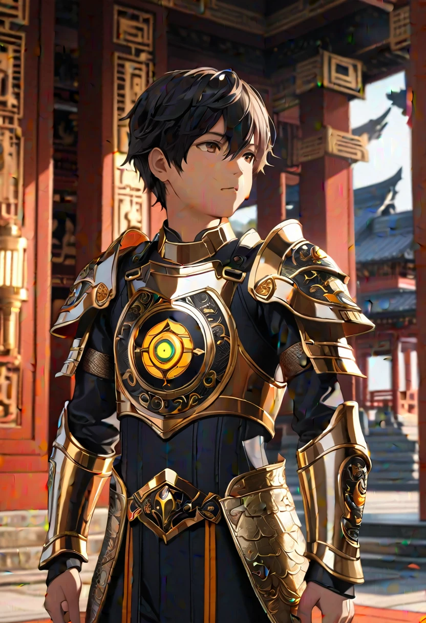 A young boy wearing light armor complete with black color and gold details, The armor has a dragon eye ornament on the chest, sharp armor, Standing, full body shot, in a temple in the background, Masterpiece, The best quality, high detail