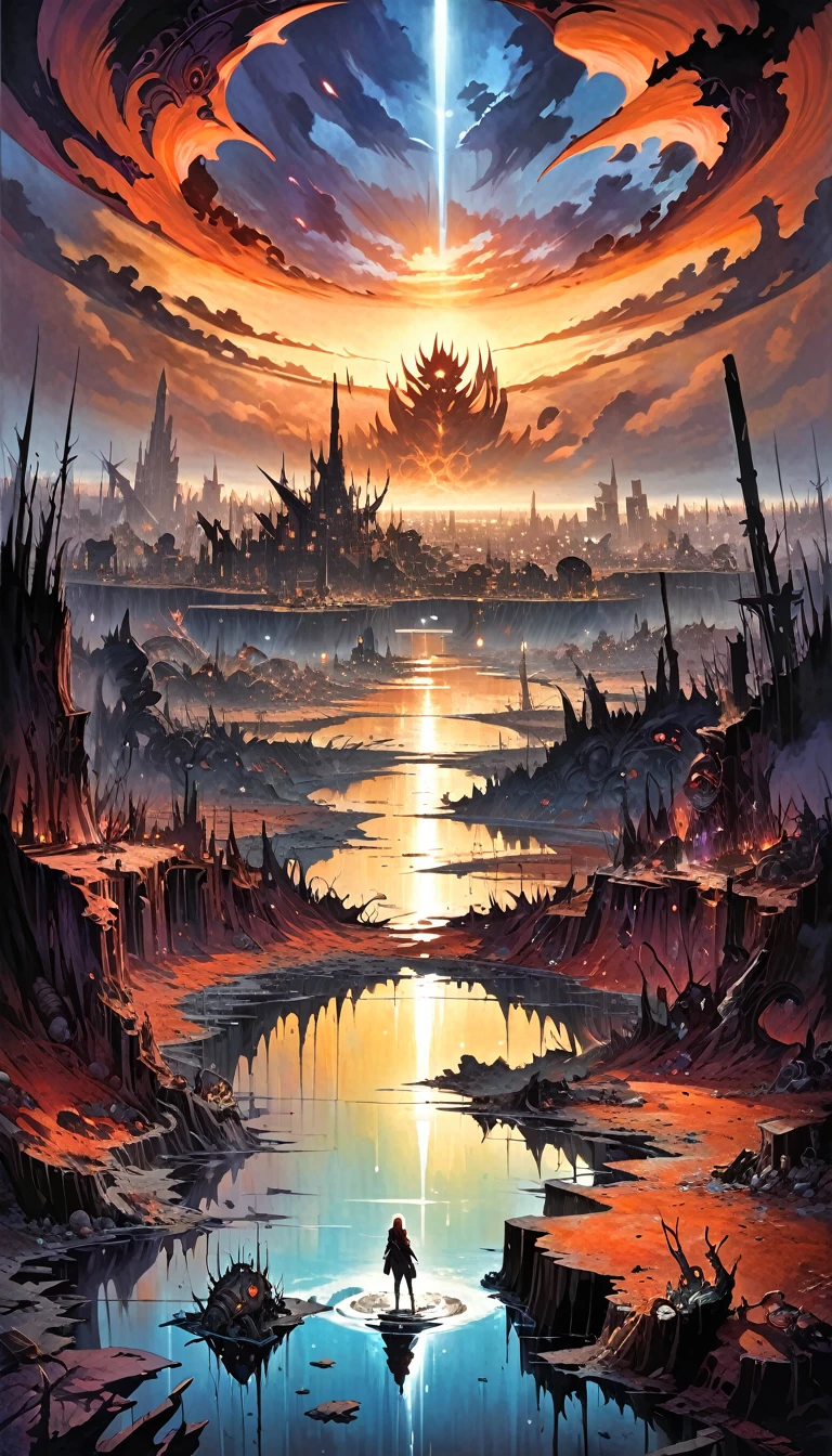 large landscape, dead world theme, polluted world, destroyed city, no vegetation, polluted water, dark world, spectacular otherworldly sky, mutant monsters on stage (art inspired by Bill Sienkiewicz). oil painting)