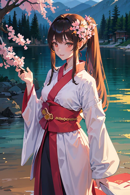 Asuna, masterpiece, Best quality, detailed, (1 girl), One, detailed golden eyes, long hair, standing, close to the viewer, (detailed kimono), A slight smile, Medium breasts,  (hands behind your back), Water, sunset, (hair ornament), (Sakura blossoms),  snow mountain lake in the background